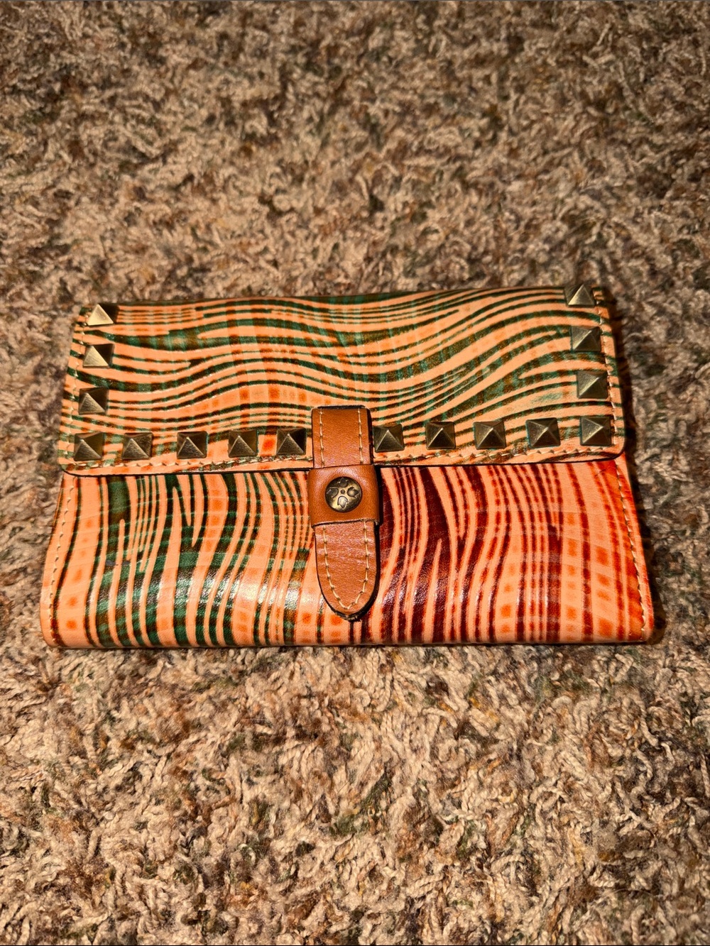 Patricia Nash Multicolor Striped Studded Leather Wallet in Orange, Green & Brown - Picture 1 of 11
